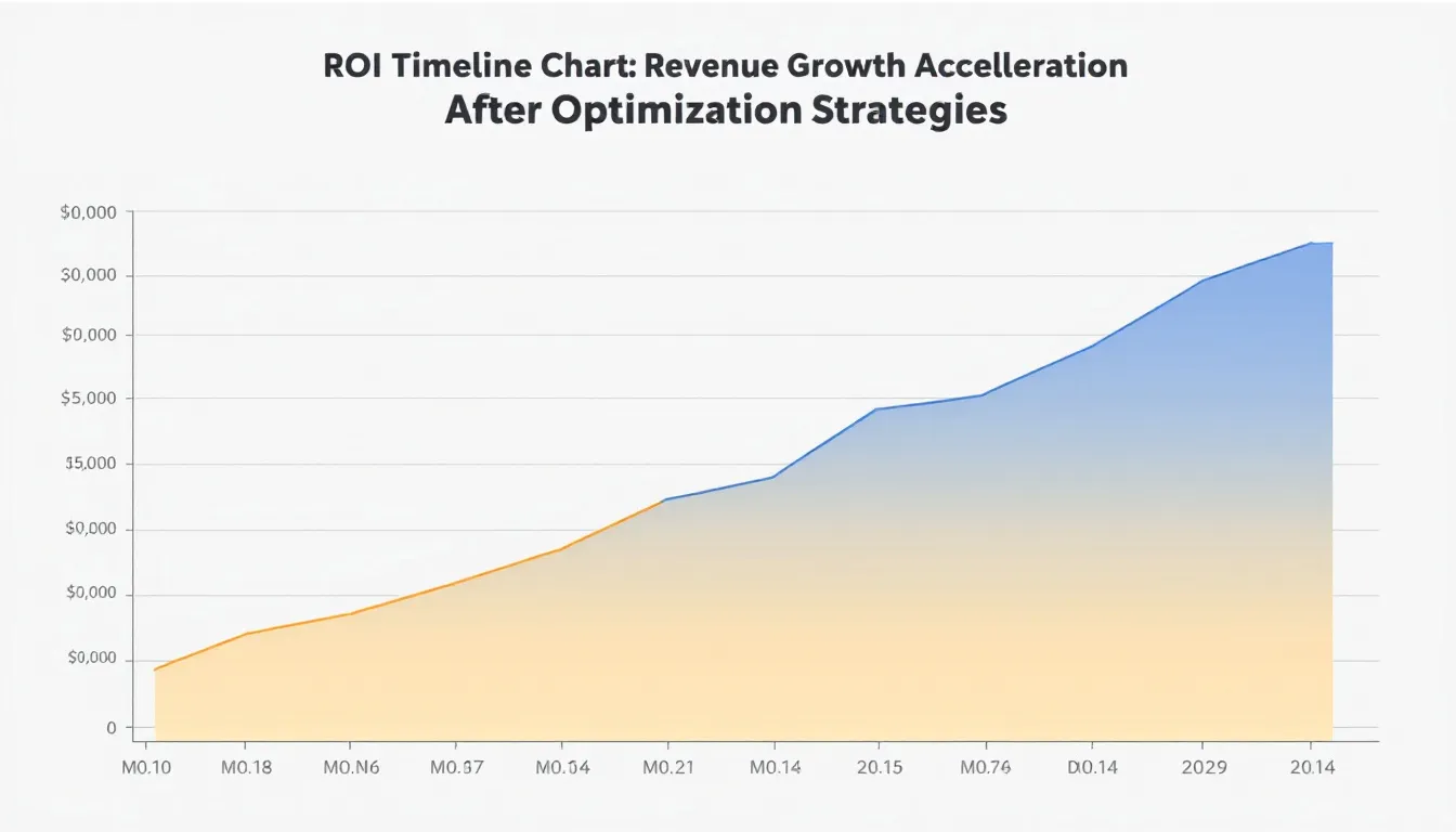 The image depicts a timeline chart illustrating the acceleration of revenue growth after implementing various optimization strategies, such as search engine optimization and marketing campaigns. It highlights the positive impact on website performance and user satisfaction, showcasing how these strategies enhance customer engagement and drive organic traffic to the e-commerce site.