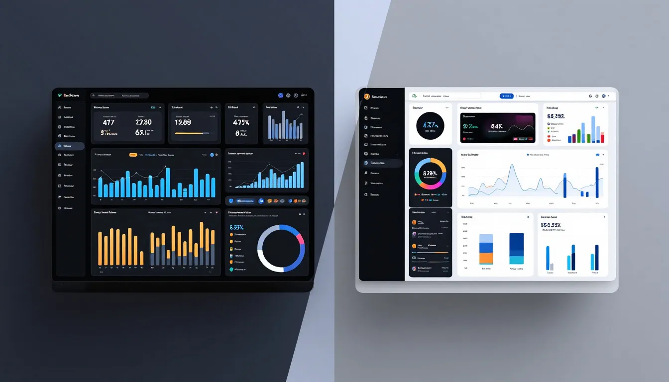 The image displays a professional dashboard comparison featuring two analytics interfaces side by side, showcasing various metrics related to website performance, user satisfaction, and customer engagement. This visual representation highlights essential tools for data-driven decisions in optimizing search engine rankings and enhancing the user experience on e-commerce sites.