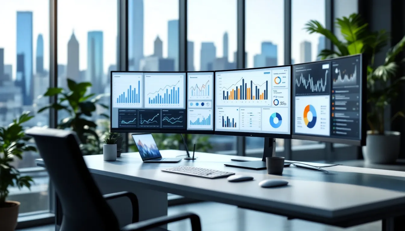 In a modern office setup, multiple monitors display various analytics charts and graphs, showcasing complex data from Google Analytics and Google Search Console. This environment supports data analysts in making smarter decisions by providing quick insights into traffic sources and conversion rates, ultimately helping businesses optimize their marketing strategies.