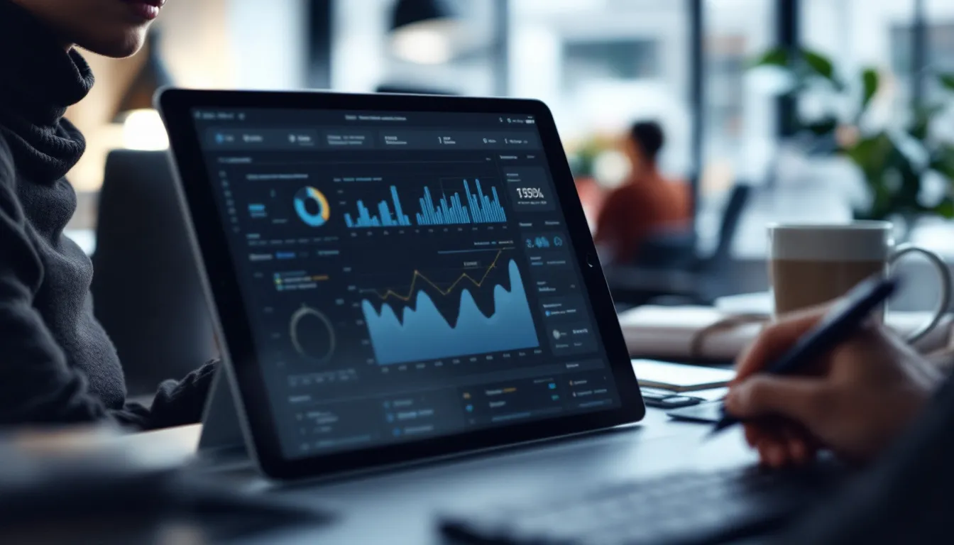 A person is using a tablet device displaying complex data visualizations related to website analytics, including insights from Google Analytics and Google Search Console. The interface showcases various marketing trends and traffic sources, enabling data analysts to make smarter decisions and optimize conversion rates effectively.
