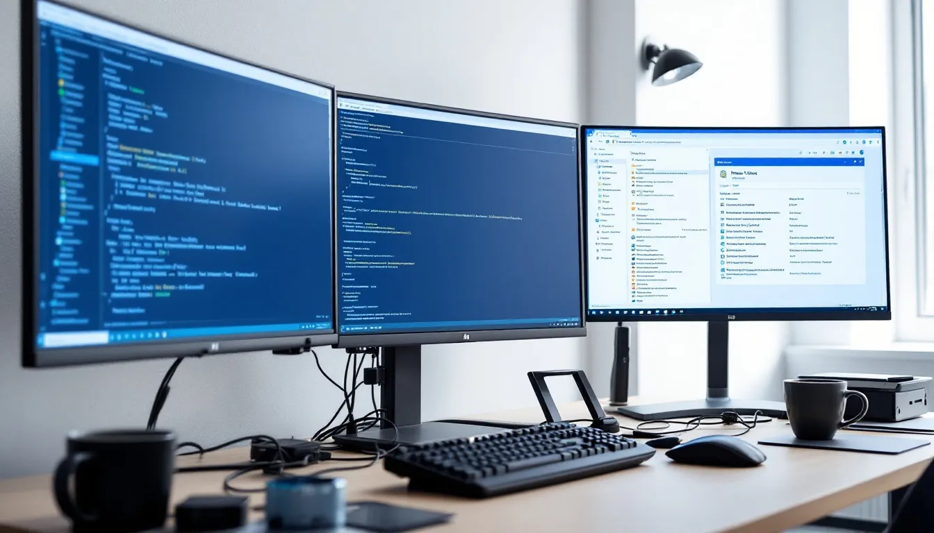 A computer workstation is displayed with multiple screens, each showing various setup processes and configuration options for website analytics tools, including features related to Google Analytics and Google Search Console. The interface highlights complex data and marketing insights that data analysts can use to make smarter decisions for optimizing conversion rates and tracking traffic sources.