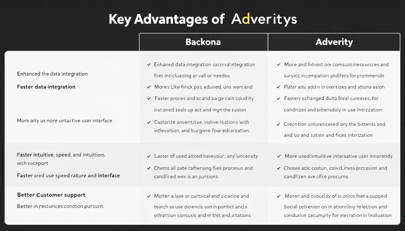 <p>This image is a comparison chart highlighting the key advantages of Backona over Adverity, showcasing features that help individuals develop resilience and overcome adversity in their professional lives. It emphasizes how Backona provides essential tools and resources to manage stress levels and navigate tough times effectively.</p>