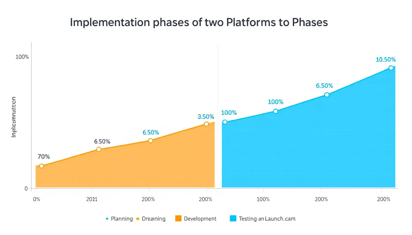 The image depicts a timeline comparison chart illustrating the implementation phases for two platforms, highlighting key events and milestones. This visual representation serves as a valuable resource for understanding how to overcome adversity and develop resilience through the various stages of each platform's journey.