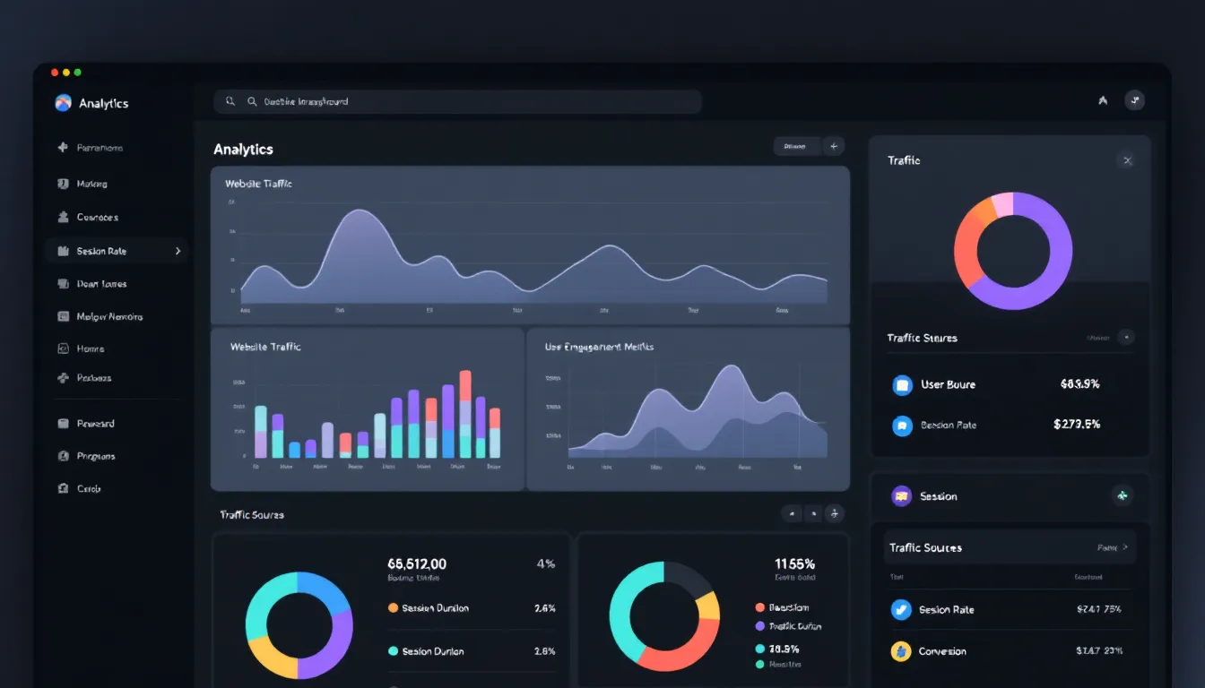 The image depicts a modern analytics dashboard featuring various website performance metrics and graphs, designed for data-driven decisions. It showcases an AI-powered analytics platform that provides actionable insights into marketing campaigns, user engagement, and growth opportunities.