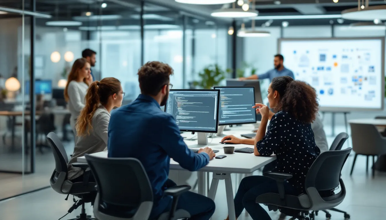 The image depicts a modern technology development team collaborating on computer interfaces, utilizing AI-powered tools to analyze complex data and generate actionable insights for marketing campaigns. The team is focused on creating user-friendly interfaces that help businesses of all sizes make data-driven decisions and optimize their growth strategies.