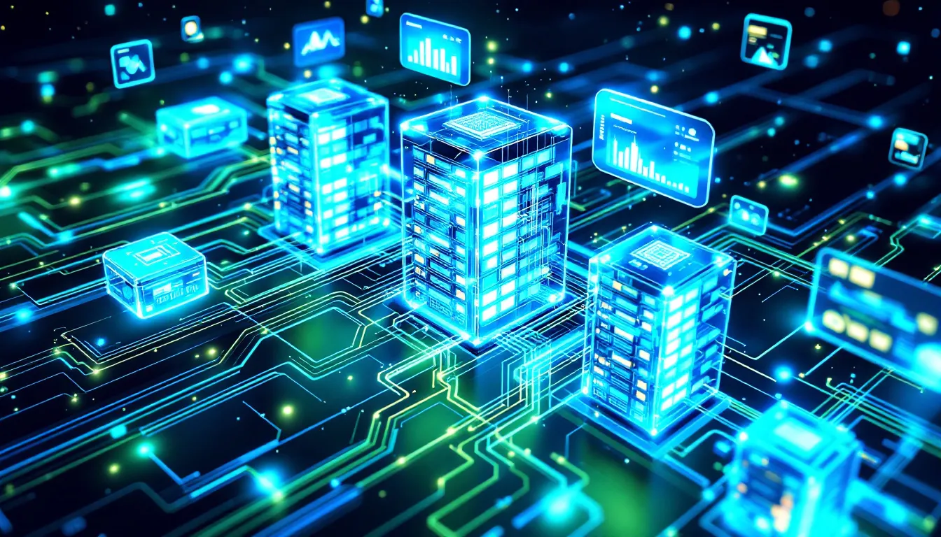 The image depicts a modern technology environment with multiple interconnected systems and data flows, illustrating how businesses can leverage advanced analytics and AI-powered tools to drive data-driven decisions. It emphasizes the importance of actionable insights from various data sources, such as Google Analytics and social media, to optimize marketing campaigns and enhance user engagement across multiple channels.